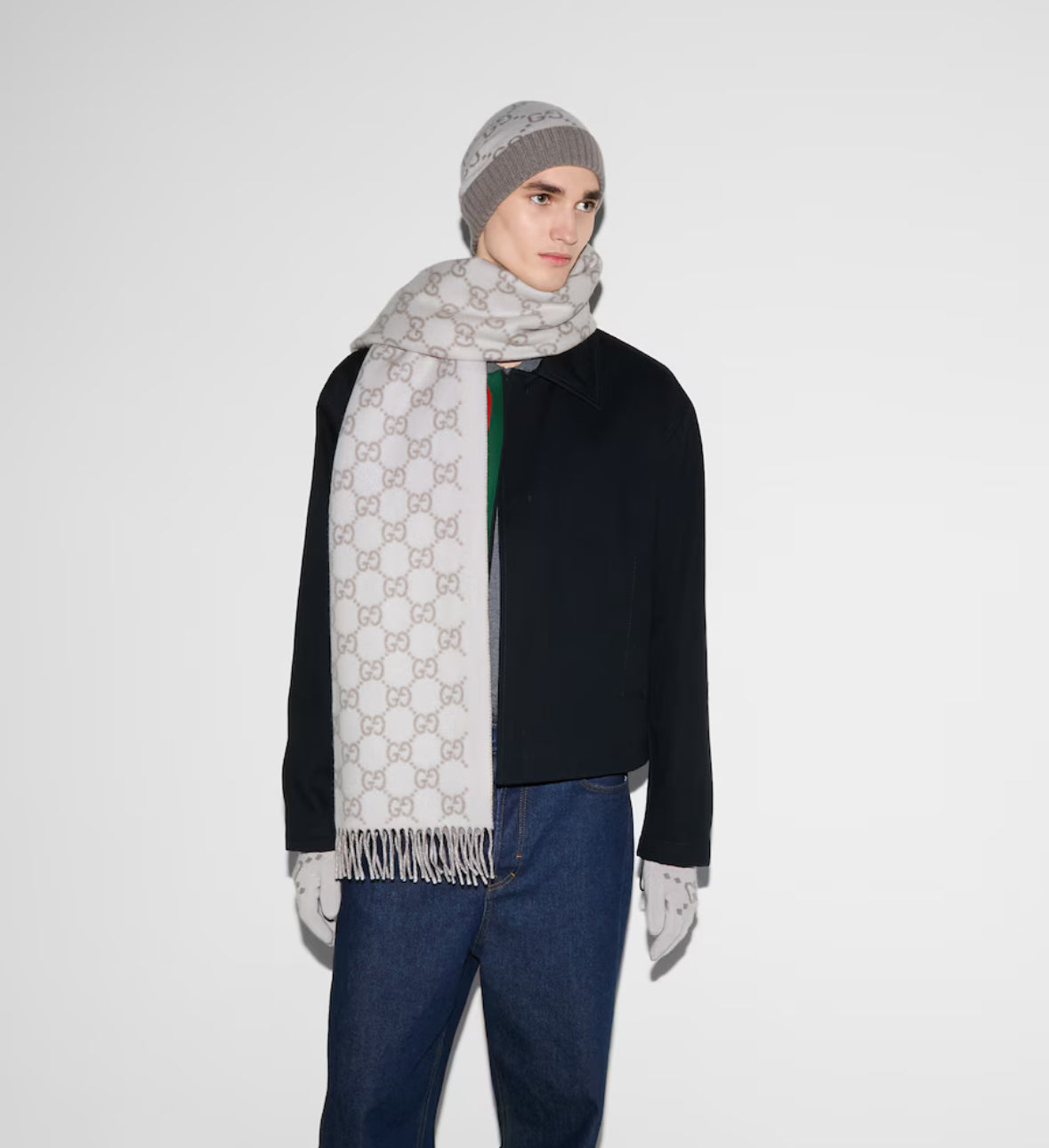 Bonnet et Ăcharpe en jacquard de cachemire GG ivoire et gris clair